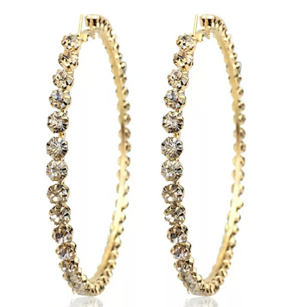 Gold Crystal Geometric Bling Round Hoop Earrings - Picture 1 of 5